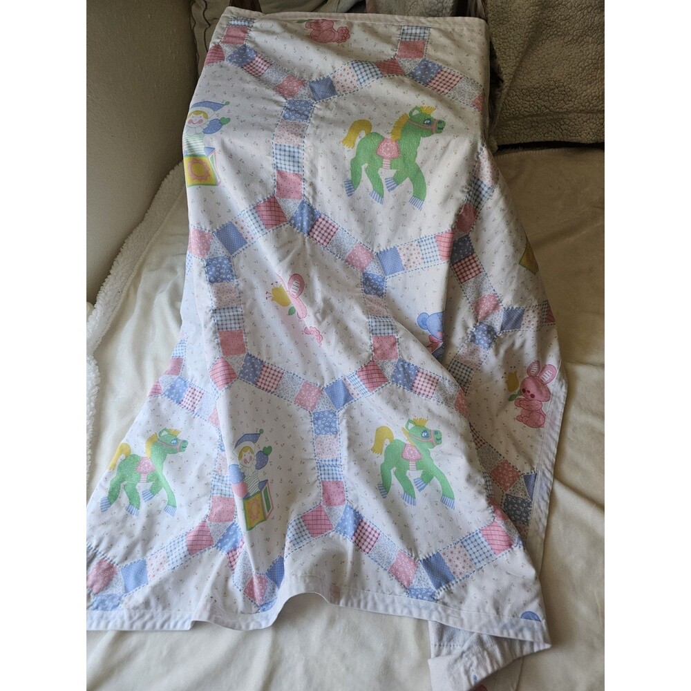 Vintage 80s Baby Quilt Blanket Handmade Pastel Patchwork Springs Fabric Teddy